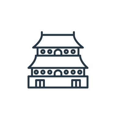 İnşaat konseptinden Çin tapınağı ikonu vektörü. Çin tapınağının düzenlenebilir vuruşunun ince bir çizgisi. Web ve mobil uygulamalar, logo, yazdırma medyası için Çince tapınak doğrusal işareti.