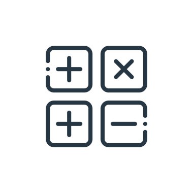 Eğitim konseptinden hesap makinesi ikonu vektörü. Hesap makinesinin düzenlenebilir vuruşunun ince çizgisi. Web ve mobil uygulamalarda kullanmak için hesap makinesi doğrusal işareti, logo, yazdırma ortamı.
