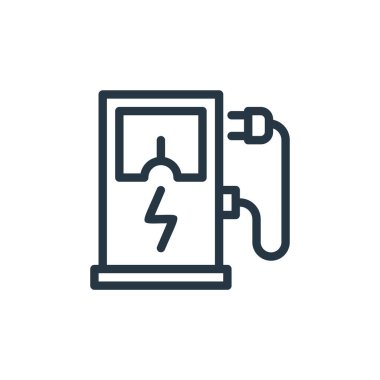 Ekoloji çizgisi kavramından istasyon ikon vektörünü şarj et. İstasyonun düzenlenebilir vuruşunun ince çizgisi. Web ve mobil uygulamalarda kullanmak için istasyon doğrusal işaretini yükle, logo, yazdırma ortamı.