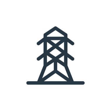 Sürdürülebilir enerji konseptinden elektrik kulesi ikonu vektörü. Elektrik kulesinin düzenlenebilir vuruşunun ince çizgisi. Ağ ve mobil uygulamalarda, logoda, yazıcıda kullanmak için elektrik kulesi doğrusal işareti 
