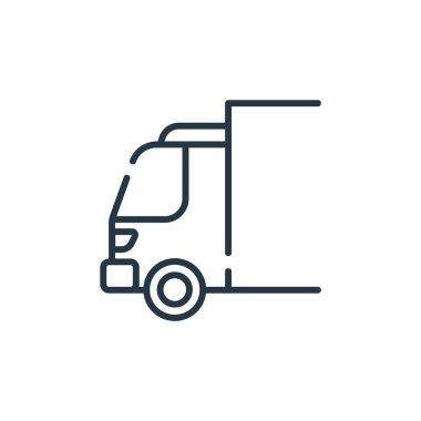 Toplu taşıma konseptindeki kamyon ikonu vektörü. İnce çizgili, düzenlenebilir kamyon felci çizgisi. Web ve mobil uygulamalarda kullanım için dağıtım kamyonu doğrusal işareti, logo, yazdırma ortamı.