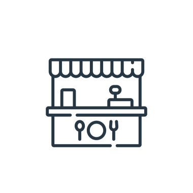 Süpermarket konseptinden yemek mahkemesi ikonu. Yemek katında düzenlenebilir felcin ince bir çizgisi. Gıda mahkemesi web ve mobil uygulamalarda kullanım için doğrusal işaret, logo, yazdırma medyası.