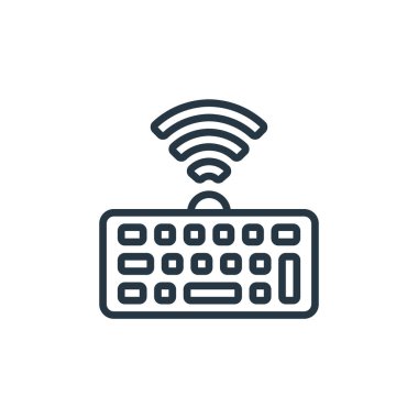 İnternet konseptinden kablosuz klavye ikonu vektörü. Kablosuz klavye düzenlenebilir vuruşunun ince çizgisi. İnternet ve mobil uygulamalarda kullanmak için kablosuz klavye doğrusal işareti, logo, yazdırma 