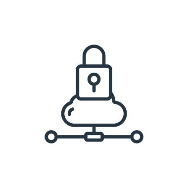 Bulut hesaplama kavramından bulut kilidi ikonu vektörü. Düzenlenebilir bulut kilidi vuruşunun ince çizgisi. Web ve mobil uygulamalarda kullanmak için bulut kilidi doğrusal işareti, logo, yazdırma ortamı.