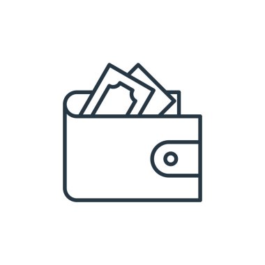 Finans konseptinden cüzdan ikonu vektörü. Cüzdan düzenlenebilir darbenin ince çizgisi. Web ve mobil uygulamalarda kullanmak için cüzdan doğrusal işareti, logo, yazdırma ortamı.