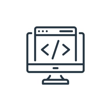 Seo ve pazarlama konseptinden ikon vektörü kodluyorum. Düzenlenebilir felcin ince bir çizgisi. Web ve mobil uygulamalarda kullanmak için doğrusal kodlama işareti, logo, yazdırma ortamı.