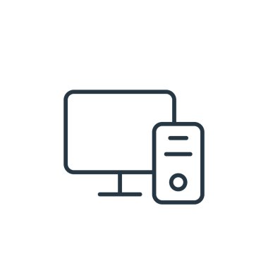 İletişim konseptinden bilgisayar simgesi vektörü. Bilgisayarda düzenlenebilir vuruşun ince çizgisi. Web ve mobil uygulamalarda kullanmak için bilgisayar doğrusal işareti, logo, yazdırma ortamı.