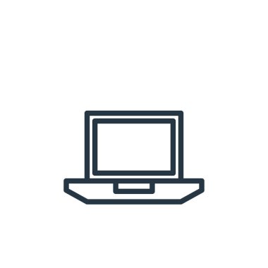 Bilgisayar donanımı konseptinden dizüstü simge vektörü. Dizüstü bilgisayarın düzenlenebilir vuruşunun ince çizgisi. Web ve mobil uygulamalarda kullanmak için dizüstü bilgisayar doğrusal imzası, logo, yazdırma ortamı.