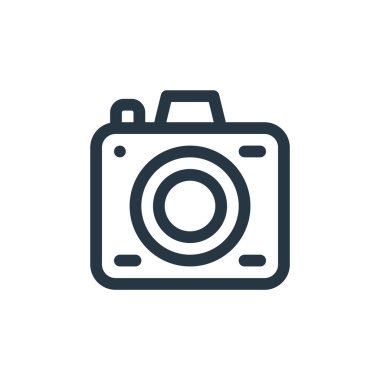 Bebek partisi konseptinden fotoğraf makinesi ikonu vektörü. Düzenlenebilir fotoğraf makinesi darbesinin ince çizgisi. Web ve mobil uygulamalarda kullanmak için fotoğraf makinesi doğrusal işareti, logo, yazdırma ortamı.