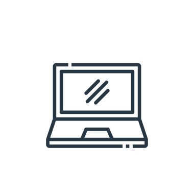 Ofis konseptinden dizüstü bilgisayar ikonu vektörü. Dizüstü bilgisayarın düzenlenebilir vuruşunun ince çizgisi. Web ve mobil uygulamalarda kullanmak için dizüstü bilgisayar doğrusal imzası, logo, yazdırma ortamı.