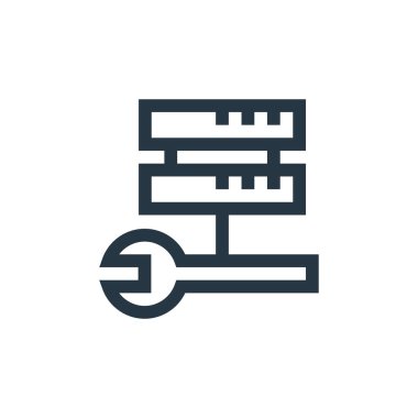 Web bakım konseptindeki sunucu simgesi vektörü. Sunucunun düzenlenebilir vuruşunun ince çizgisi. Web ve mobil uygulamalarda kullanmak için sunucu doğrusal işareti, logo, yazdırma ortamı.