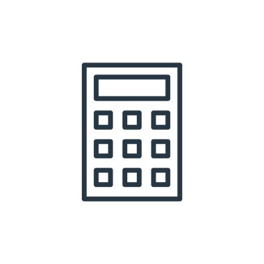 Ofis konseptinden hesap makinesi ikonu vektörü. Hesap makinesinin düzenlenebilir vuruşunun ince çizgisi. Web ve mobil uygulamalarda kullanmak için hesap makinesi doğrusal işareti, logo, yazdırma ortamı.