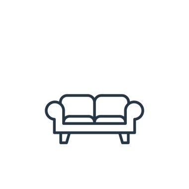Mobilya konseptinden kanepe ikonu. Kanepe darbesinin ince bir çizgisi. İnternet ve mobil uygulamalarda kullanım için kanepe doğrusal işareti, logo, yazdırma ortamı.
