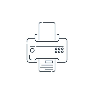 Donanım ve teknoloji konseptindeki yazıcı ikonu vektörü. Yazıcının düzenlenebilir vuruşunun ince çizgisi. Web ve mobil uygulamalarda kullanmak için yazıcı doğrusal işareti, logo, yazdırma ortamı.