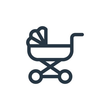 Bebek partisi konseptinden bebek arabası ikonu vektörü. Bebek arabasının düzenlenebilir felcinin ince bir çizgisi. bebek arabaları için ağ ve mobil uygulamalarda, logoda, yazdırma ortamında kullanım için doğrusal işaret.