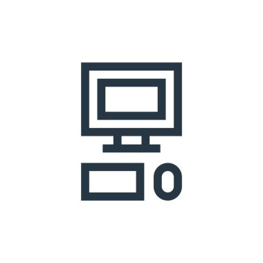 Eğitim konseptindeki bilgisayar simgesi vektörü. Bilgisayarda düzenlenebilir vuruşun ince çizgisi. Web ve mobil uygulamalarda kullanmak için bilgisayar doğrusal işareti, logo, yazdırma ortamı.