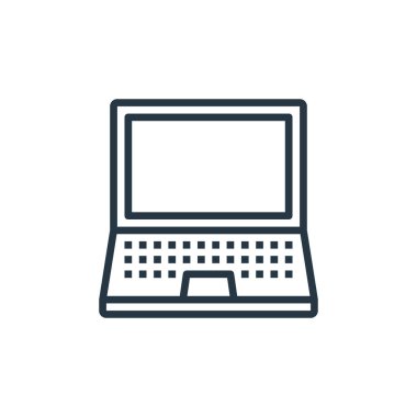 Bilgisayar donanımı konseptinden dizüstü simge vektörü. Dizüstü bilgisayarın düzenlenebilir vuruşunun ince çizgisi. Web ve mobil uygulamalarda kullanmak için dizüstü bilgisayar doğrusal imzası, logo, yazdırma ortamı.