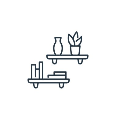 İç tasarım konseptinden raf ikonu vektörü. Rafta düzenlenebilir vuruşun ince çizgisi. Web ve mobil uygulamalarda kullanmak için raf doğrusal işareti, logo, yazdırma ortamı.