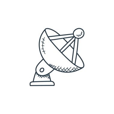 Uzay ve uçak konseptinden uydu anten ikonu vektörü. Uydu anteninin düzenlenebilir vuruşunun ince çizgisi. Web ve mobil uygulamalarda kullanmak için uydu çanak anten doğrusal işareti, logo, yazdırma ortamı.