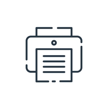 Kullanıcı arayüzü kavramından yazıcı simgesi vektörü. Yazıcının düzenlenebilir vuruşunun ince çizgisi. Web ve mobil uygulamalarda kullanmak için yazıcı doğrusal işareti, logo, yazdırma ortamı.