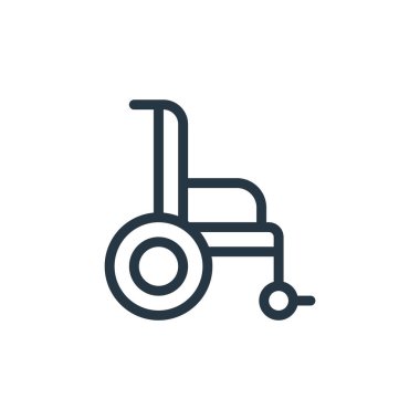 Yaşlılık konseptinden tekerlekli sandalye ikonu vektörü. Tekerlekli sandalye inmesinin ince bir çizgisi. Web ve mobil uygulamalarda kullanmak için tekerlekli sandalye doğrusal işareti, logo, yazdırma ortamı.