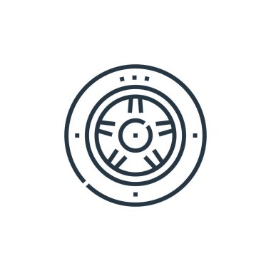 Sürüş okulu konseptinden tekerlek ikonu. Tekerlek yenilebilir felcin ince bir çizgisi. Web ve mobil uygulamalarda kullanmak için tekerlek doğrusal işareti, logo, yazdırma ortamı.