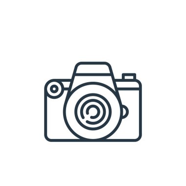 Eğitim konseptinden fotoğraf makinesi ikonu vektörü. Düzenlenebilir fotoğraf makinesi darbesinin ince çizgisi. Web ve mobil uygulamalarda kullanmak için fotoğraf makinesi doğrusal işareti, logo, yazdırma ortamı.