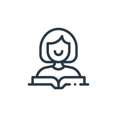 Kitap konseptinden okuma simgesi vektörü. Okuyucu darbesinin ince bir çizgisi. Web ve mobil uygulamalarda kullanmak için okuyucu doğrusal işareti, logo, yazdırma ortamı.