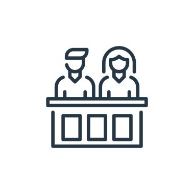 Jüri kanun ve adalet kavramından bir ikon vektörü. Jürinin düzenlenebilir vuruşunun ince çizgisi. İnternet ve mobil uygulamalarda kullanmak için jüri doğrusal imzası, logo, yazdırma ortamı.