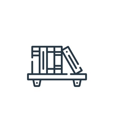 Eğitim konseptinden bir kitaplık ikonu vektörü. Kitap rafı düzenlenebilir vuruşunun ince çizgisi. Web ve mobil uygulamalarda kullanmak için kitaplık doğrusal işareti, logo, yazdırma ortamı.