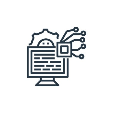 Yapay zeka kavramının bilgisayar simgesi vektörü. Bilgisayarda düzenlenebilir vuruşun ince çizgisi. Web ve mobil uygulamalarda kullanmak için bilgisayar doğrusal işareti, logo, yazdırma ortamı.