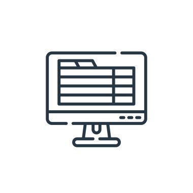 Ofis kavramından bilgisayar simgesi vektörü. Bilgisayarda düzenlenebilir vuruşun ince çizgisi. Web ve mobil uygulamalarda kullanmak için bilgisayar doğrusal işareti, logo, yazdırma ortamı.