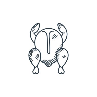 Yemek elle çizilen konseptten tavuk ikonu vektörü. İnce çizgili, düzenlenebilir tavuk felci çizgisi. İnternet ve mobil uygulamalarda kullanmak için tavuk doğrusal işareti, logo, yazdırma ortamı.