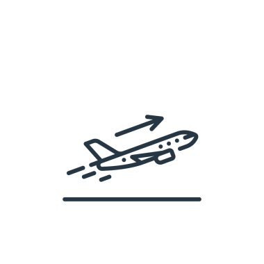 Havacılık konseptinden kalkış simgesi vektörü. İnce çizgili, düzenlenebilir kalkış vuruşu. Web ve mobil uygulamalarda kullanmak için kalkış doğrusal işareti, logo, yazdırma ortamı.