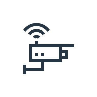 Kablosuz teknoloji konseptinden CCTV kamera ikonu vektörü. İnce çizgili kamera görüntüsü düzenlenebilir felç. Web ve mobil uygulamalar, logo ve yazdırma ortamlarında kullanmak için ccTV kamera doğrusal işareti.