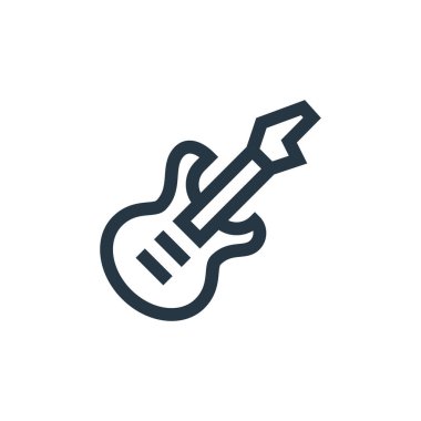Müzik festivali konseptinden bas gitar ikonu vektörü. Bas gitarın düzenlenebilir vuruşunun ince çizgisi. Web ve mobil uygulamalarda kullanmak için bas gitar doğrusal işareti, logo, yazdırma ortamı.