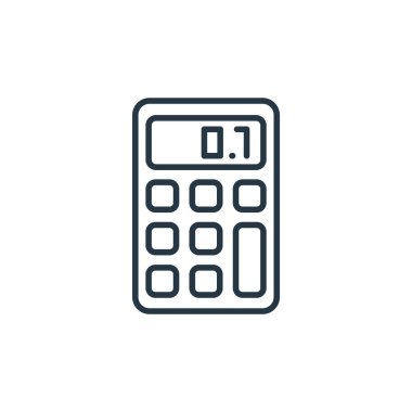 Para konseptinden hesap makinesi simgesi vektörü. Hesap makinesinin düzenlenebilir vuruşunun ince çizgisi. Web ve mobil uygulamalarda kullanmak için hesap makinesi doğrusal işareti, logo, yazdırma ortamı.