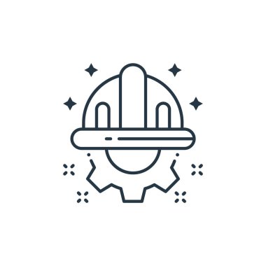 İşçi Bayramı konseptinden kask ikonu vektörü. Düzenlenebilir kask vuruşunun ince bir çizgisi. Web ve mobil uygulamalarda kullanmak için miğfer doğrusal işareti, logo, yazdırma ortamı.