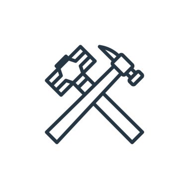 İşçi Bayramı konseptindeki çekiç ikonu vektörü. İnce çizgili çekiç darbesi çizgisi. Web ve mobil uygulamalarda kullanmak için çekiç doğrusal işareti, logo, yazdırma ortamı.