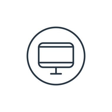 Genel kavramdaki bilgisayar simgesi vektörü. Bilgisayarda düzenlenebilir vuruşun ince çizgisi. Web ve mobil uygulamalarda kullanmak için bilgisayar doğrusal işareti, logo, yazdırma ortamı.