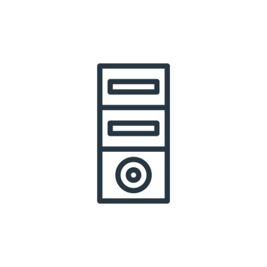 Bilgisayar donanımı konseptindeki bilgisayar kulesi ikon vektörü. Düzenlenebilir bilgisayar kulesi vuruşunun ince çizgisi. Web ve mobil uygulamalarda kullanmak için bilgisayar kulesi doğrusal işareti, logo, yazdırma ortamı.