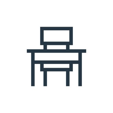 Eğitim konseptindeki okul masa ikonu vektörü. Okul masasında düzenlenebilir felcin ince bir çizgisi. Web ve mobil uygulamalarda kullanım için okul masası doğrusal işareti, logo, yazdırma ortamı.