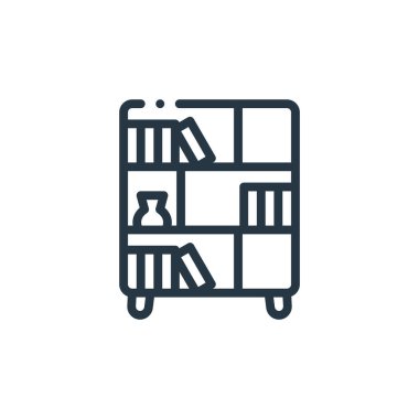 Mobilya konseptinden raf ikonu vektörü. Rafta düzenlenebilir vuruşun ince çizgisi. Web ve mobil uygulamalarda kullanmak için raf doğrusal işareti, logo, yazdırma ortamı.