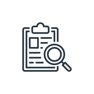 Hukuk ve adalet kavramından soruşturma ikonu vektörü. İnce çizgili, incelenebilir felç çizgisi. Web ve mobil uygulamalarda kullanım için araştırma doğrusal işareti, logo, yazdırma medyası.