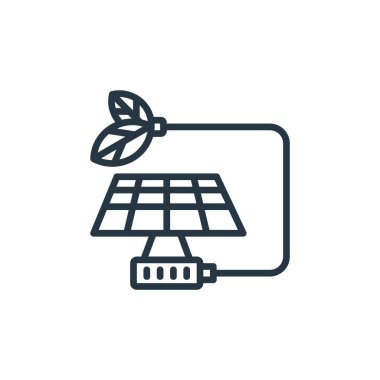 Ekoloji konseptinden güneş enerjisi ikonu vektörü. Güneş enerjisi düzenlenebilir vuruşunun ince çizgisi. Web ve mobil uygulamalarda kullanmak için güneş enerjisi doğrusal işareti, logo, yazdırma medyası.