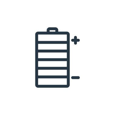 Ofis ekipmanı konseptindeki pil ikonu vektörü. Düzenlenebilir pil vuruşunun ince çizgisi. Web ve mobil uygulamalarda kullanmak için pil doğrusal işareti, logo, yazdırma ortamı.