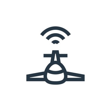 Kablosuz teknoloji konseptinden uçak ikonu vektörü. Uçakta düzenlenebilir darbenin ince bir çizgisi. Web ve mobil uygulamalarda kullanım için uçak doğrusal işareti, logo, yazdırma ortamı.