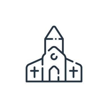 Paskalya konseptinden kilise ikonu vektörü. Kilisenin düzenlenebilir vuruşlarının ince bir çizgisi. Web ve mobil uygulamalarda kullanmak için kilise doğrusal işareti, logo, yazdırma ortamı.