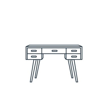 Ev konseptinden masa ikonu vektörü. Masa düzenlenebilir vuruşun ince çizgisi. Web ve mobil uygulamalarda kullanmak için tablonun doğrusal işareti, logo, yazdırma ortamı.