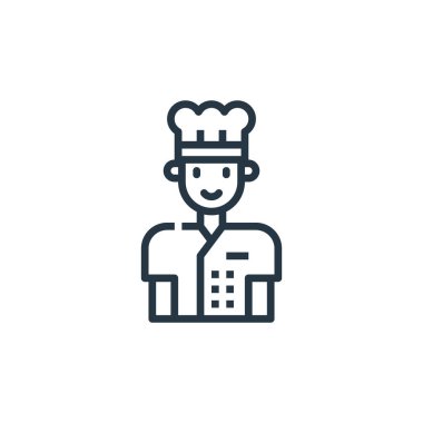 Aşçılık konseptinden şef ikon vektörü. Şefin düzenlenebilir vuruşunun ince bir çizgisi. Web ve mobil uygulamalarda kullanmak için şef doğrusal işareti, logo, yazdırma ortamı.